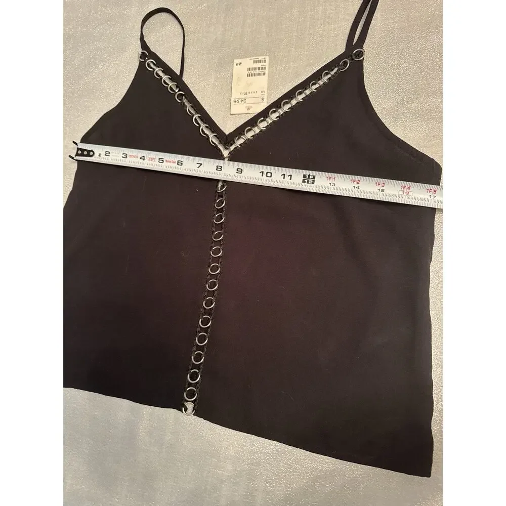 NWT H&M Black Tank Top Going Out US 10 Gothic Silver Circle Vampire Witchy